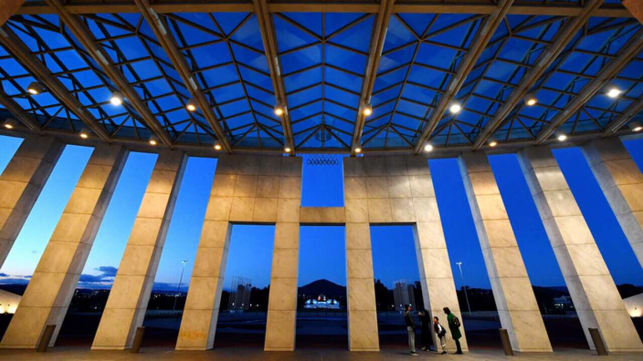 The front entrance of Parliament House in Canberra