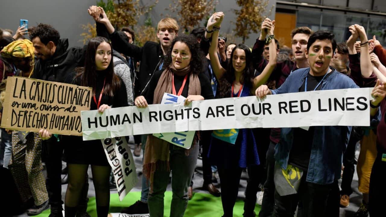Climate activists take part in a Fridays for Future protest at the U.N. Climate Change Conference (COP25) in Madrid.