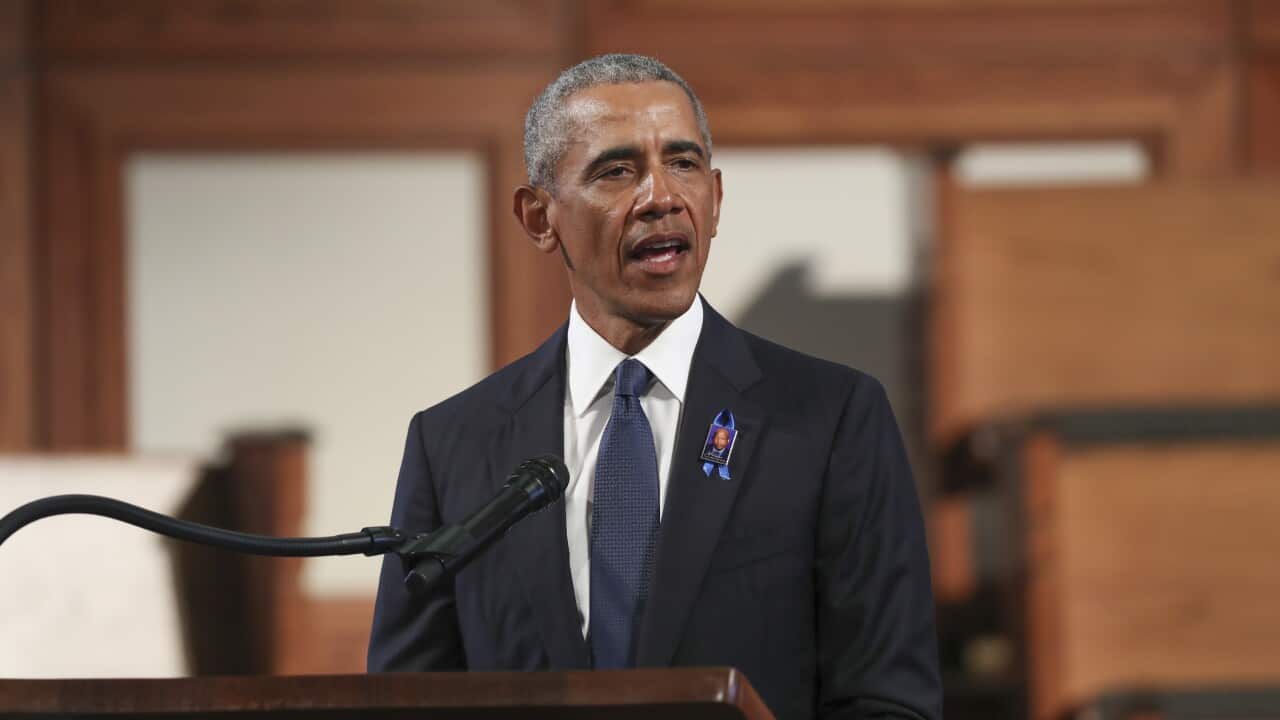 Barack Obama during the funeral for the late John Lewis at the Ebenezer Baptist Church in Atlanta