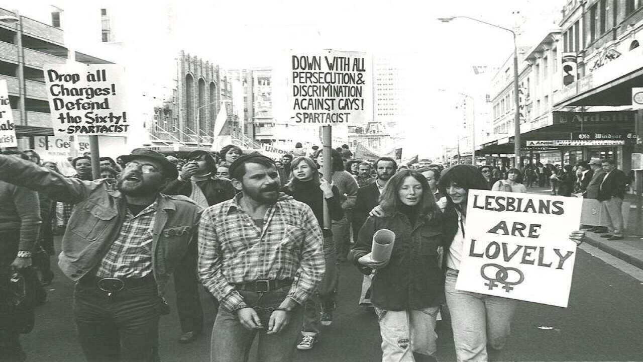 People march during the 1978 Mardi Gras in Sydney.