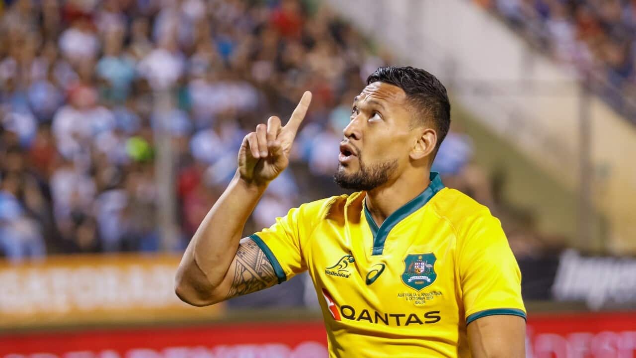 Israel Folau celebrates during the 2018 Rugby Union Championship.