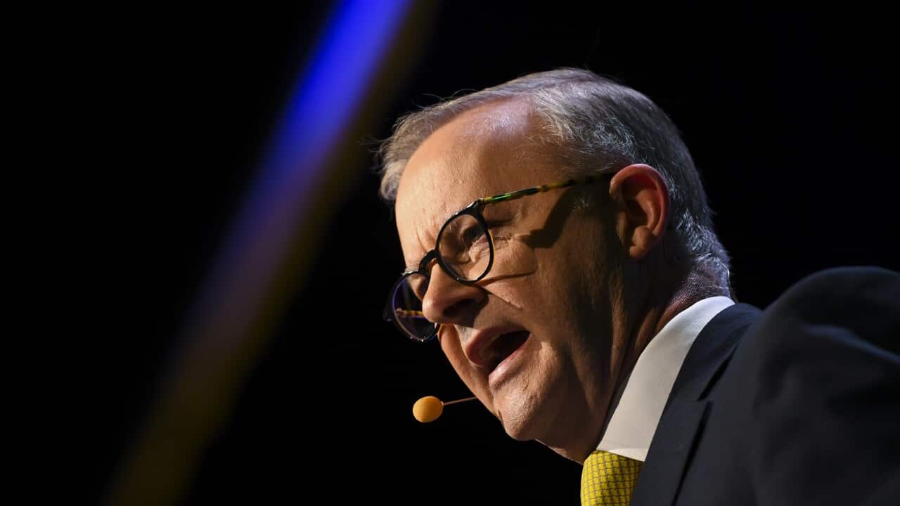 Australian Opposition Leader Anthony Albanese speaks during the West Australian’s Leadership Matters Federal Election Breakfast on Day 37 of the 2022 federal election campaign in Perth, Tuesday, May 17, 2022. (AAP Image/Lukas Coch) NO ARCHIVING