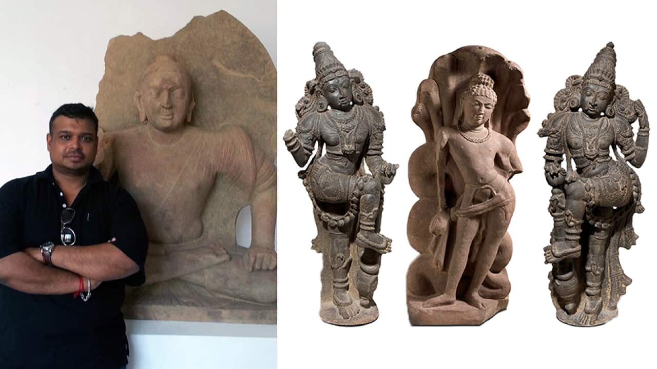 Vijay Kumar, author of “Idol Thief” and the three stolen idols to be returned to India
