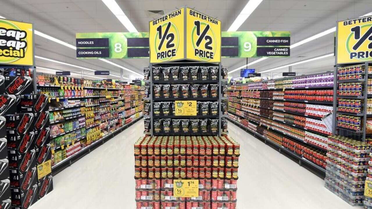 Supermarket aisles filled with food items