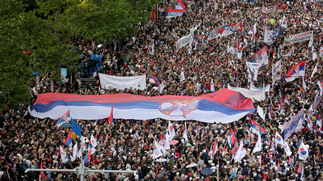 Supporters of Serbian President Aleksandar Vucic gather in front of the Parliament Building during the 'Serbia of hope' campaign rally in Belgrade, Serbia, 26 May 2023