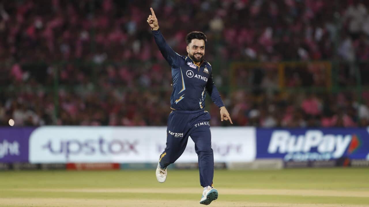 Rashid Khan celebrates during a cricket match