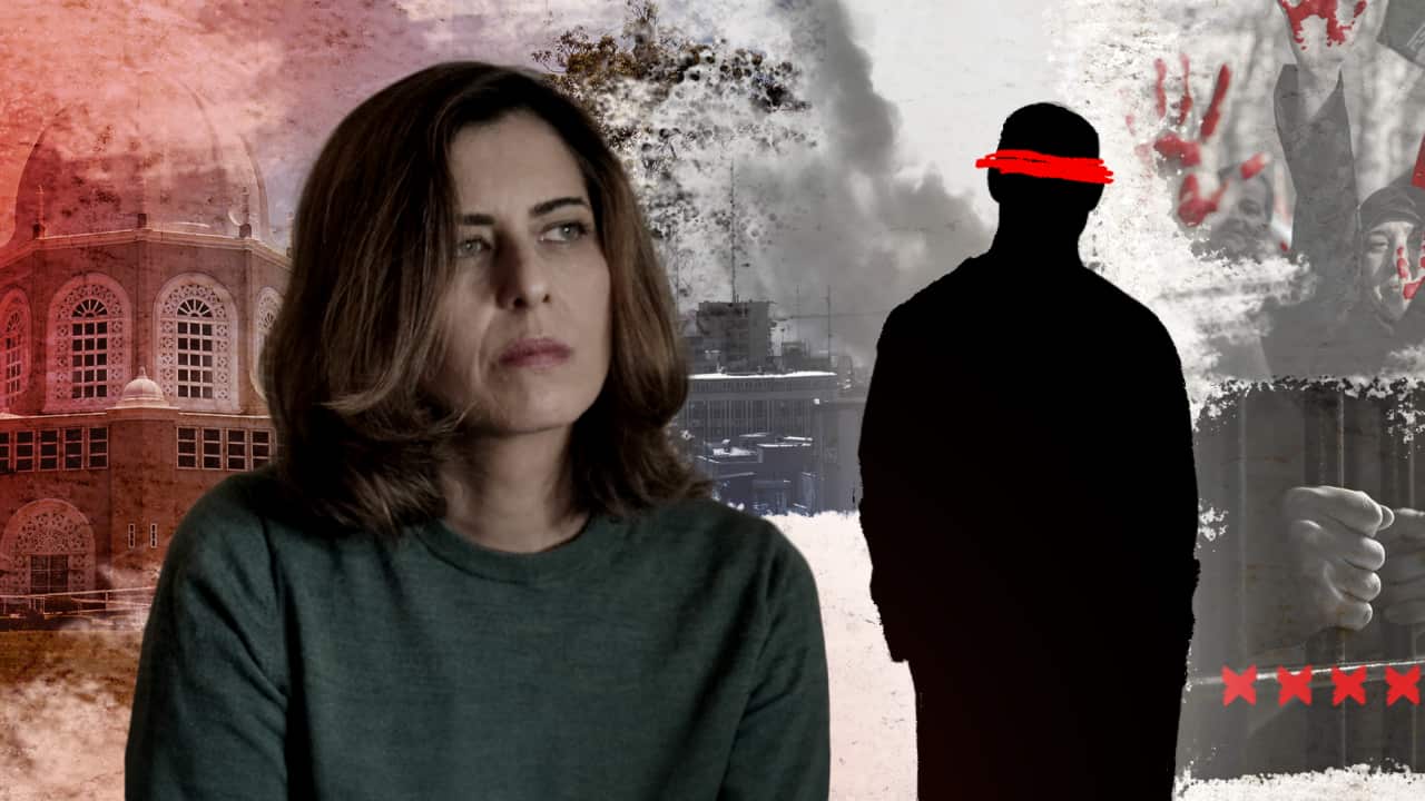 A graphic collage showing a woman in the foreground looking thoughtful, with a black silhouette of a person with a red bar across their eyes beside her. In the background are images of a Baha’i temple, smoke rising over a city, protesters with red-painted hands and an Iranian flag, and hands gripping prison bars, symbolising persecution and imprisonment.