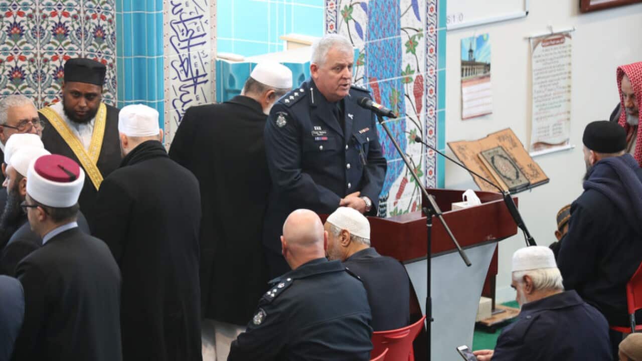 Mourners attend the funeral of Grand Mufti Sheikh Azeem Al-Afifi at the Al-Taqwa Mosque in Trugunina, Melbourne