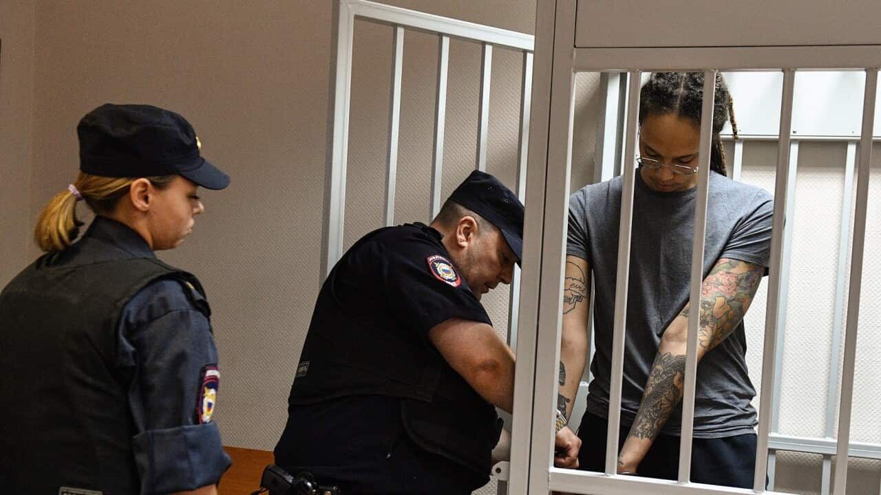 American basketball player Brittney Griner, accused of drug smuggling, during a meeting of the Khimki city court.