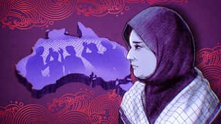 An illustration of a solemn woman wearing a hijab and Keffiyeh pattern scarf, set against a purple background featuring a textured map of Australia filled with silhouettes of people behind a fence.