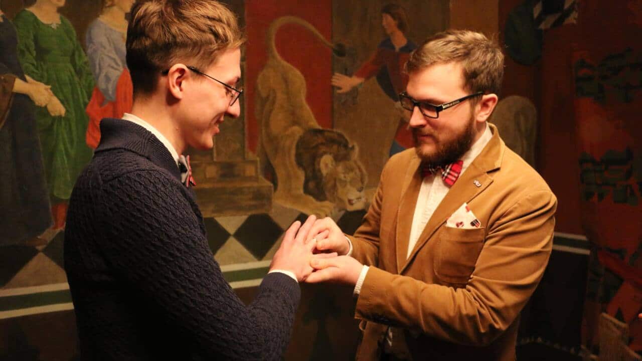 Eugene and Pavel's wedding ceremony in Denmark, days before they were forced to flee Russia.