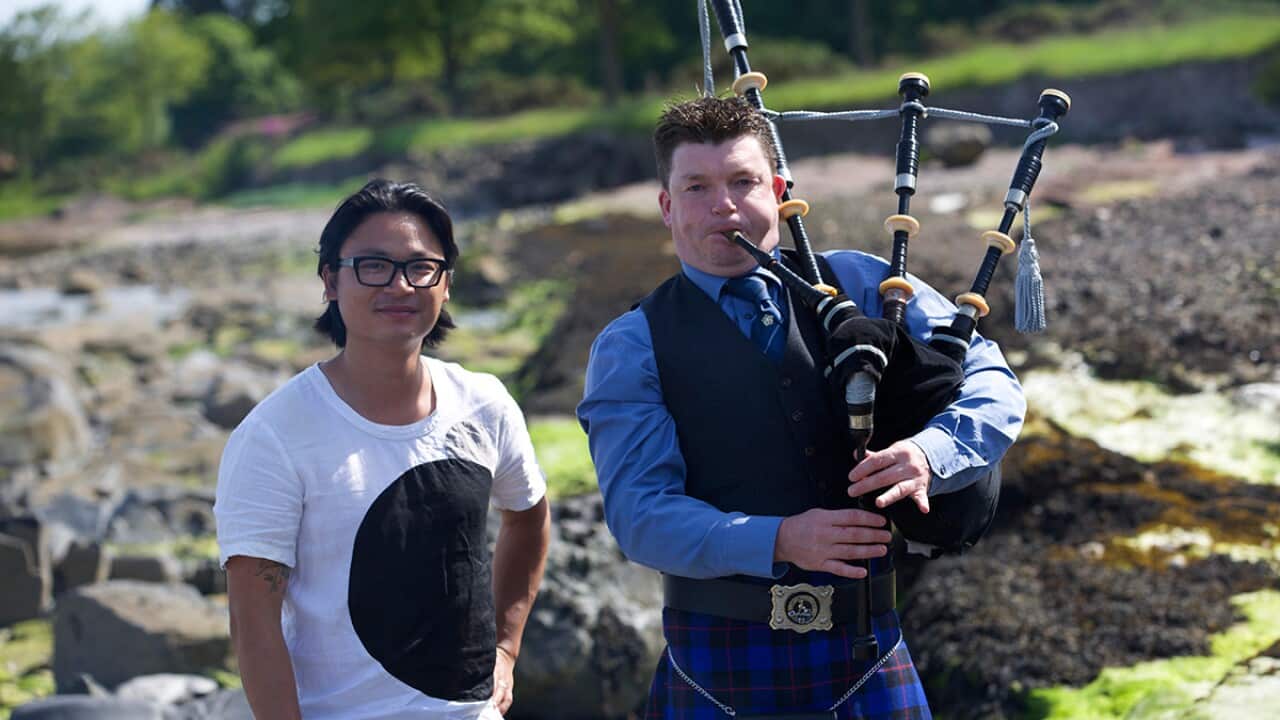 Luke and Scottish bagpipes, Isle of Bute