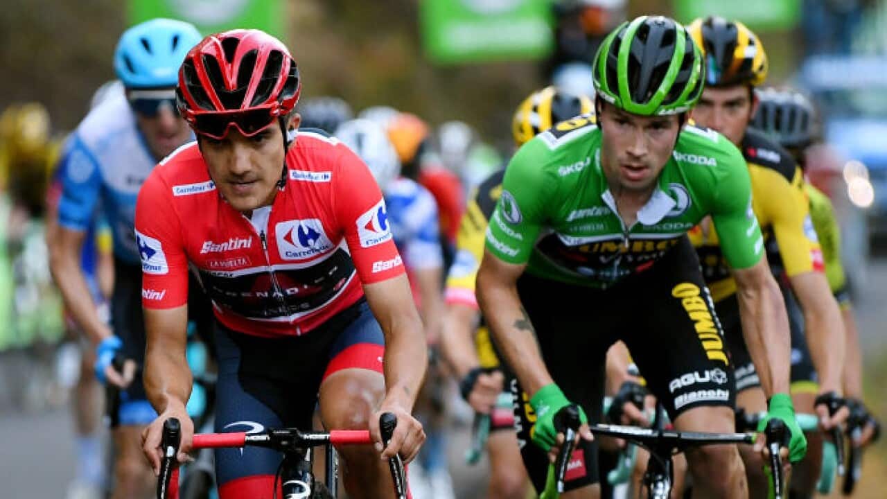 Richard Carapaz of Team INEOS-Grenadiers, Primoz Roglic of Team Jumbo-Visma, Enric Mas Nicolau of Team Movistar