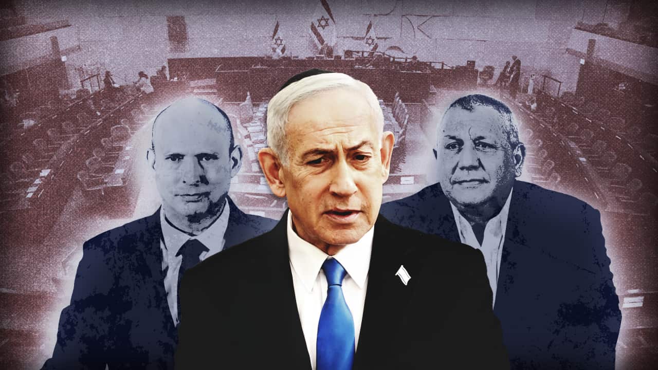 Three men in suits in front of a parliamentary setting in a stylised graphic.
