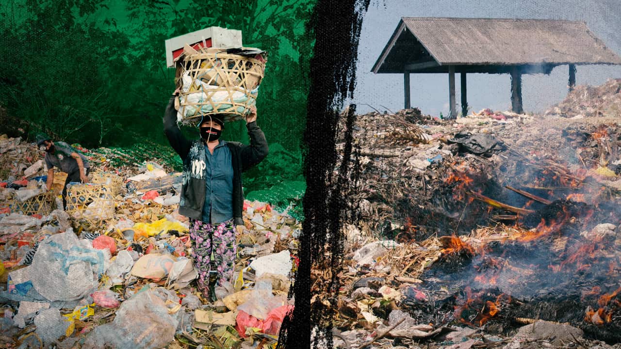 On the left, a person holds a straw basket of rubbish over their head while standing knee deep in a sea of rubbish. On the right, a rubbish pile burns in front of a pagoda.