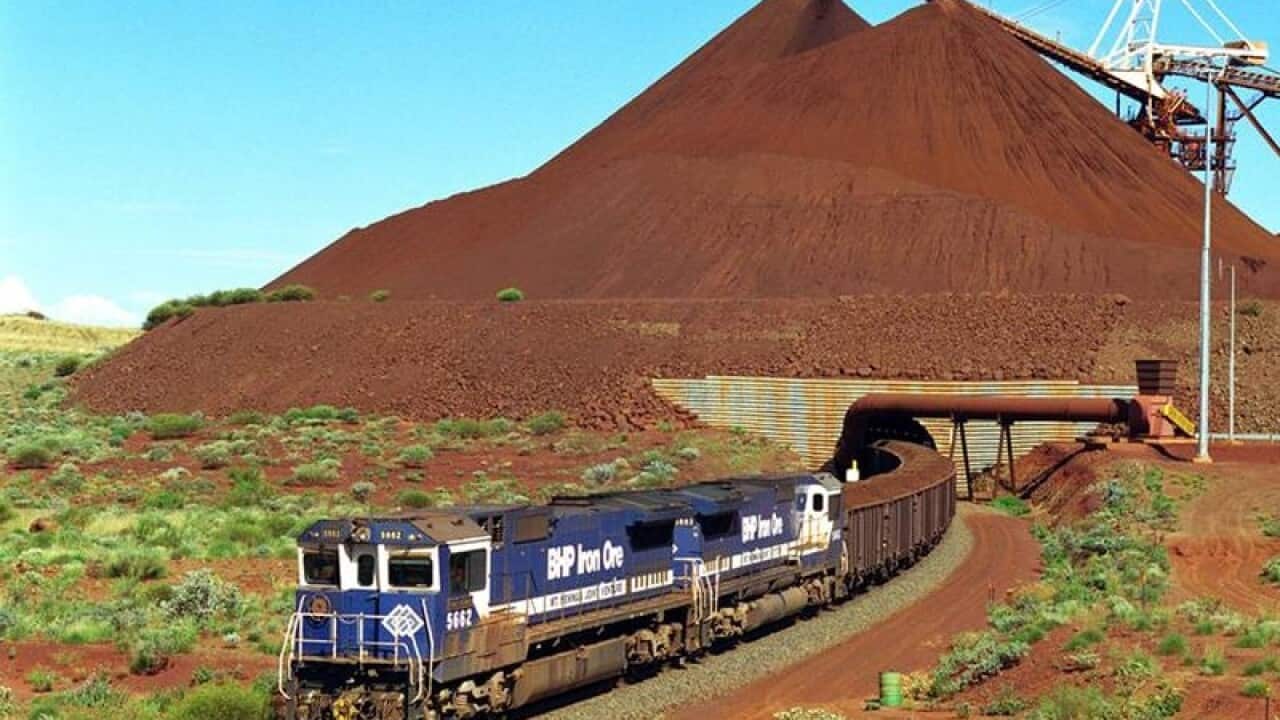 A file image of a BHP train carrying iron ore