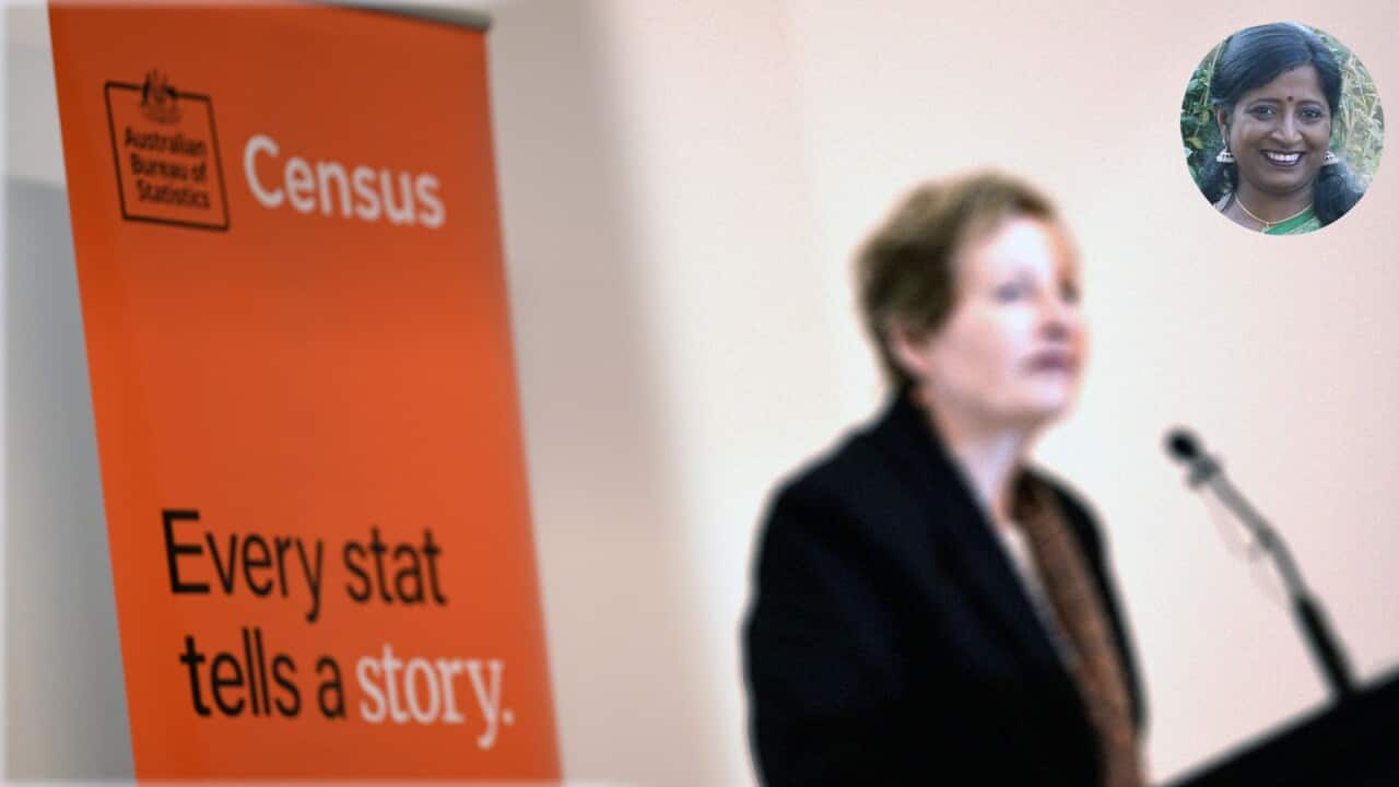 Senior Responsible Officer, 2021 Census Teresa Dickinson addresses attendees during the ABS 2021 Census Data Release, Canberra, Tuesday, June 28, 2022. (AAP Image/Bianca De Marchi) ; Inset: Varuni Bala, Australain Tamil Congress
