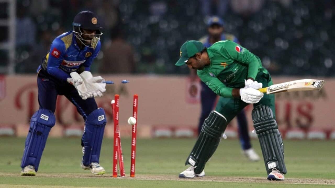Pakistani captain Sarfraz Ahmed is bowled by Sri Lanka's Wanidu Hasaranga during the second T20 between Pakistan and Sri Lanka,07 October 2019.EPA/RAHAT DAR
