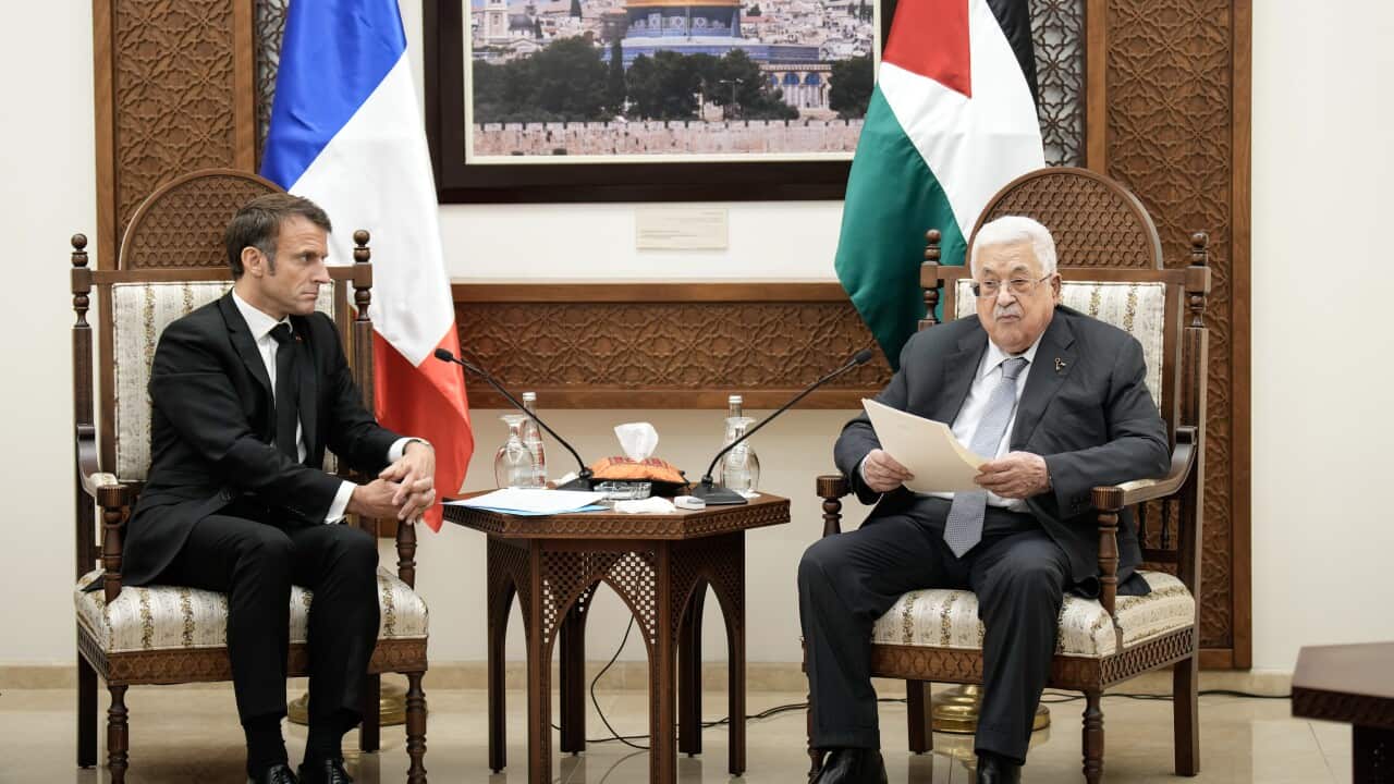Two men sitting across from each other in front of French and Palestinian flags.