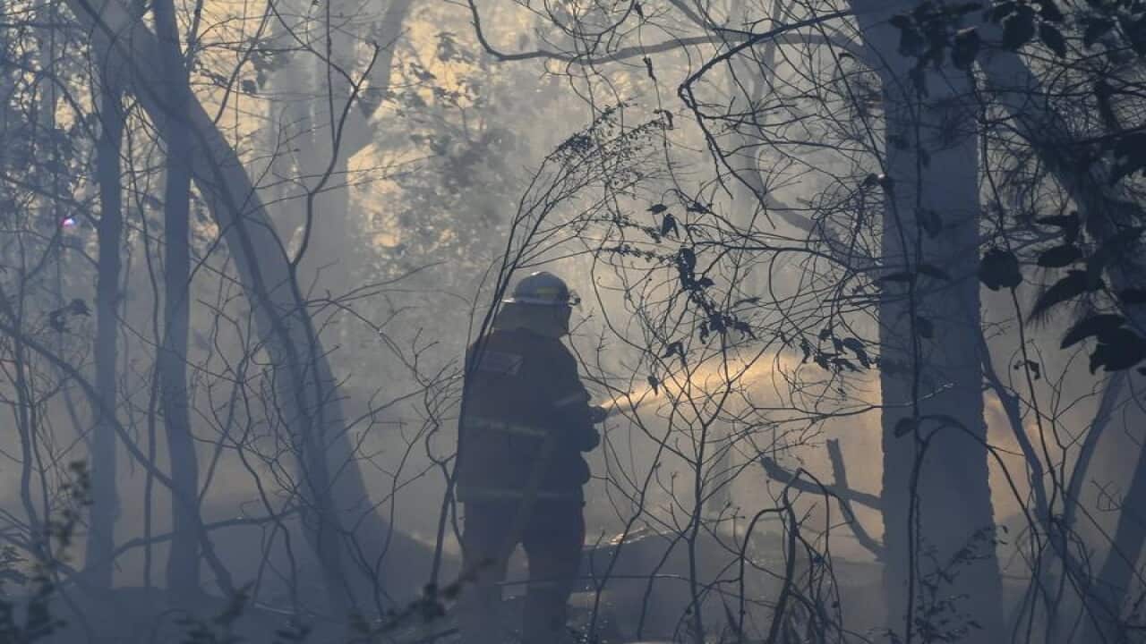 A firefighter battles the blaze in Bomaderry, near Nowra.