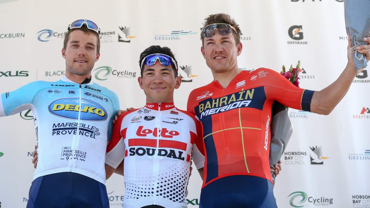 Picture of Brenton Jones (L) Caleb Ewan (C) and Heinrich Haussler (R) on the podium on stage 3 of the 2019 Bay Crits