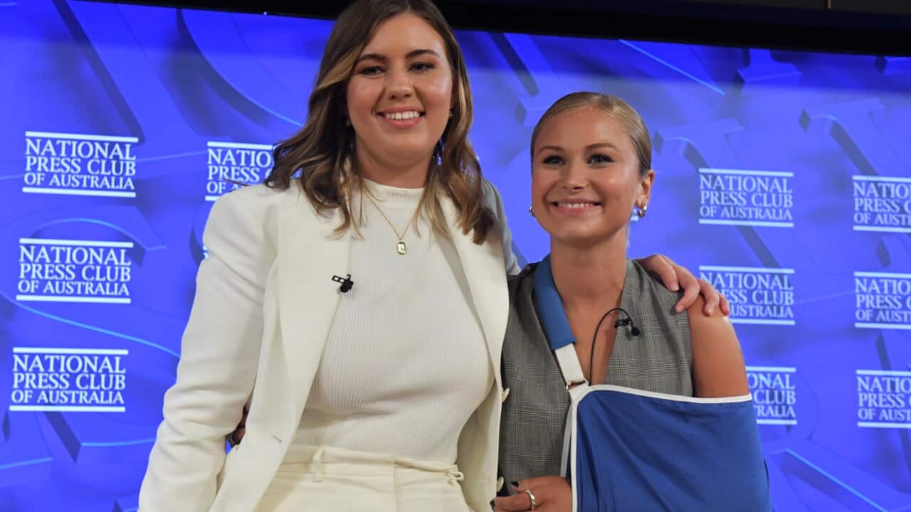 2021 Australian of the Year Grace Tame (right) and advocate for survivors of sexual assault Brittany Higgins at the National Press Club in Canberra.