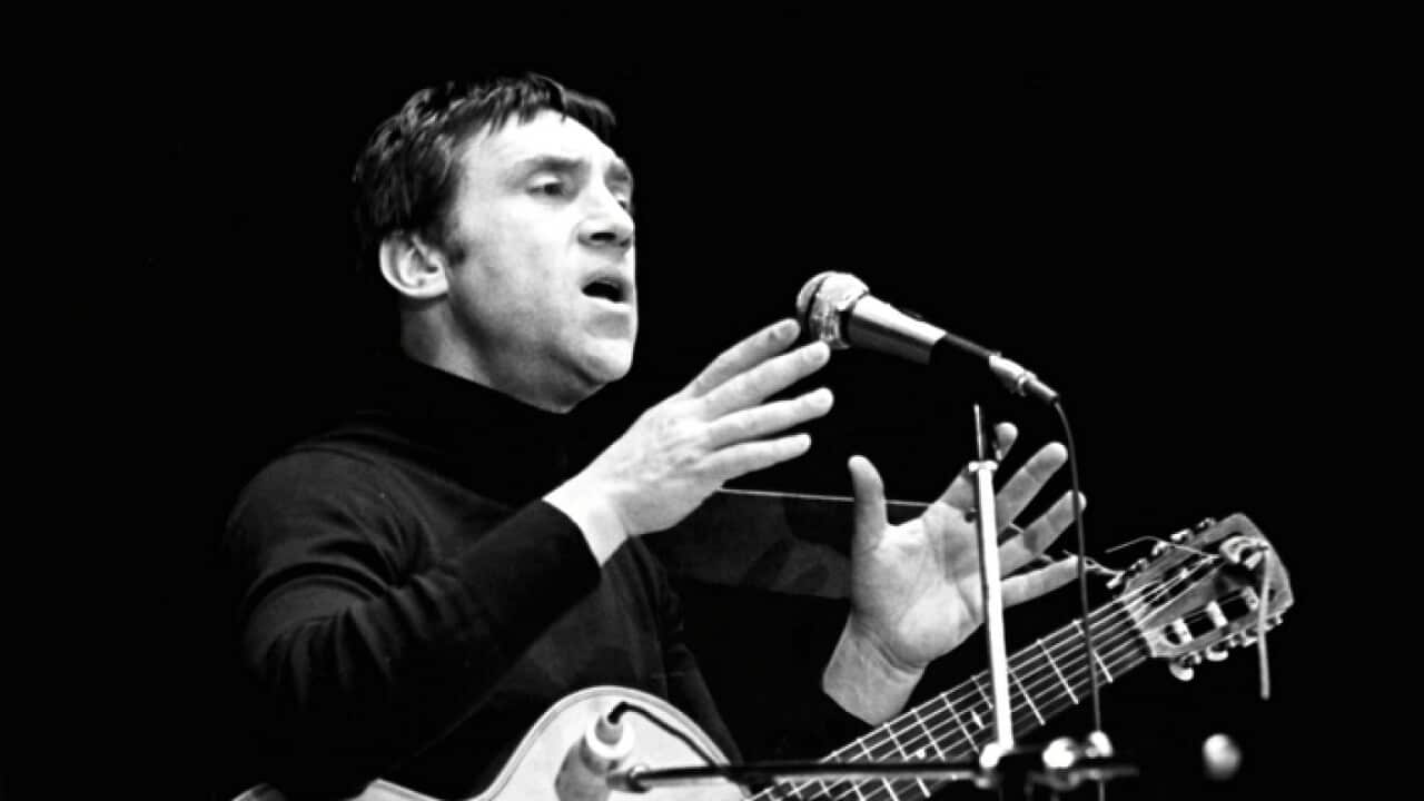 Vladimir Vysotsky, popular Russian songwriter, musician and actor at concert in Yaroslavl, 2/79.