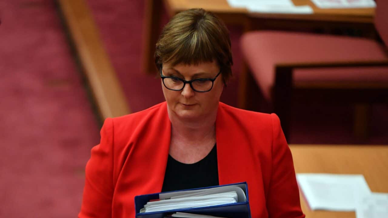 Minister for Defence Linda Reynolds leaves after Question Time in the Senate chamber at Parliament House in Canberra, Monday, February 22, 2021. (AAP Image/Mick Tsikas) NO ARCHIVING