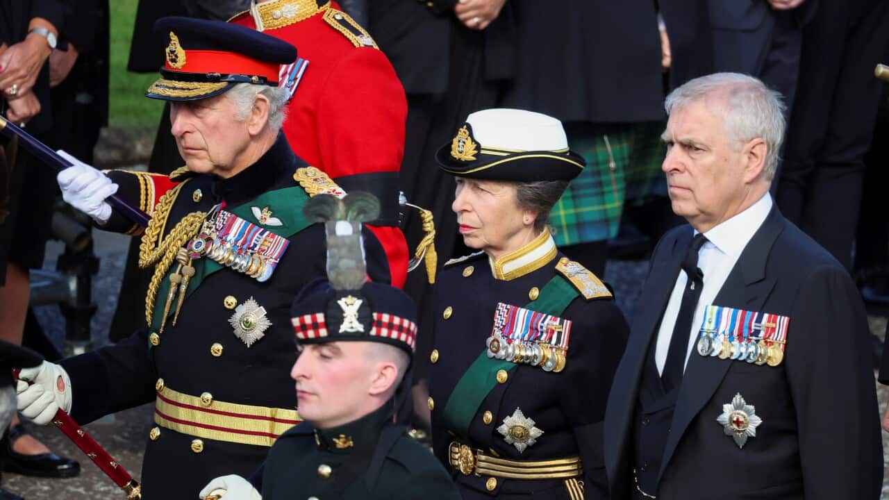 King Charles III, Princess Anne and Prince Andrew (right) walk behind the hearse carrying the coffin of Queen Elizabeth II, on 12 September 2022 in Edinburgh, Scotland.