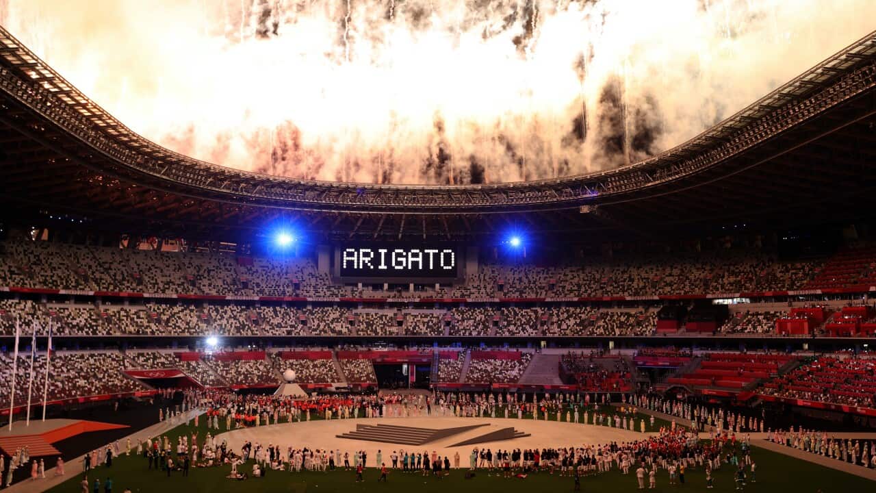 A firework display during the closing ceremony of the 2020 Summer Olympic Games at the Japan National Stadium.