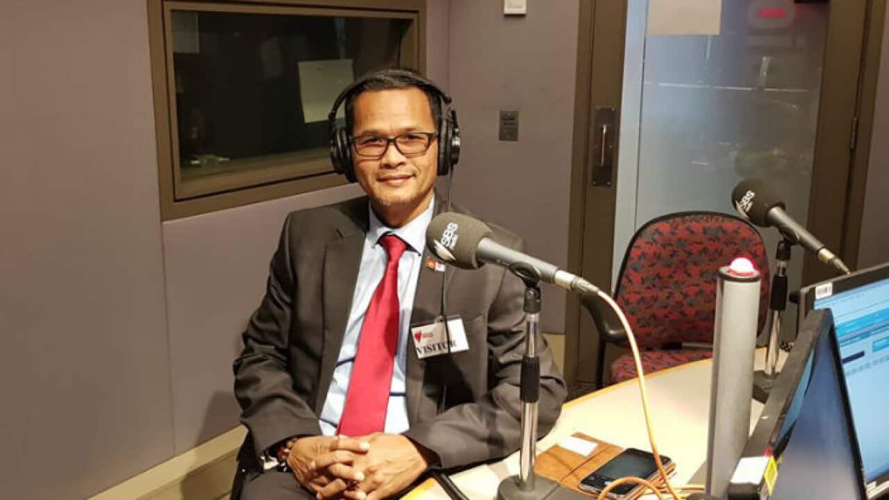 Former political prisoner Meach Sovannara in SBS studio