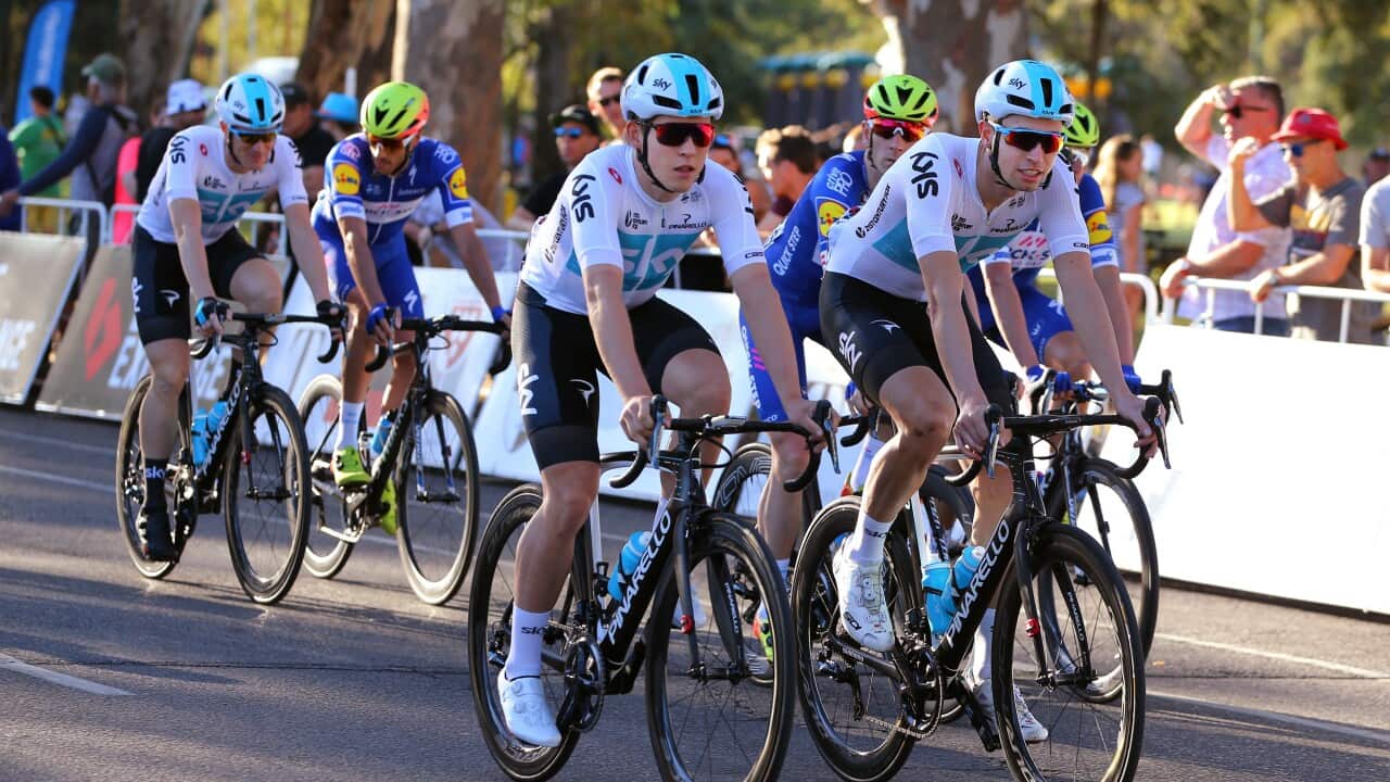 Kristoffer Halvorsen (L) and Łukasz Wiśniowski lining up for the 2018 People’s Choice Classic criterium in Adelaide, Australia (Getty)
