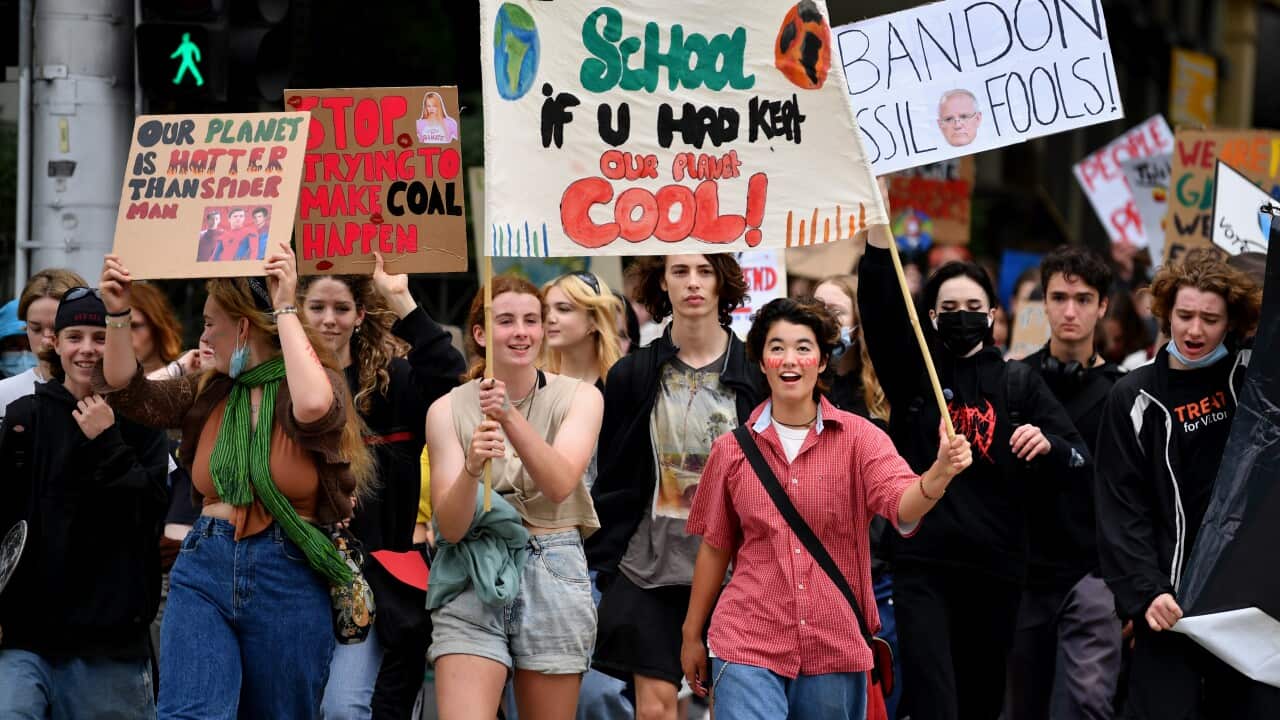 A group of young people are walking at the protest against climate change with different posters in hands.