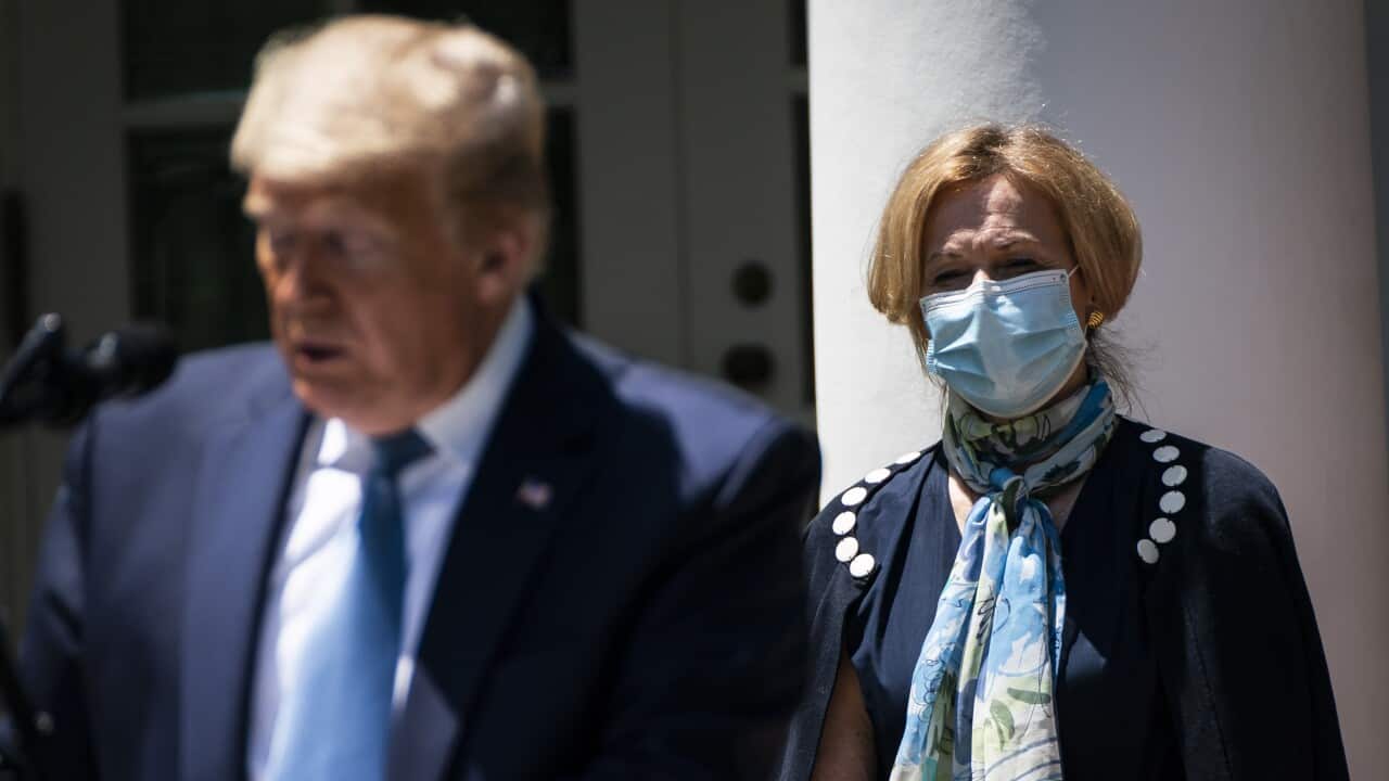 White House coronavirus response coordinator Dr Deborah Birx listens as President Donald Trump speaks at the White House on Friday, 15 May, 2020.