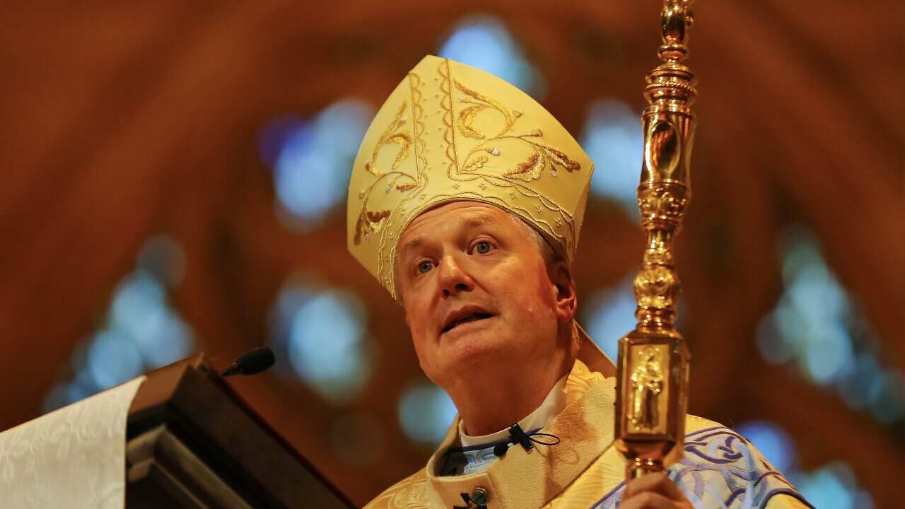 Archbishop of Sydney Reverend Anthony Fisher speaks during the official ceremony to mark the formal opening of the cause for Australias second saint at St Mary's Cathedral in Sydney, Thursday, 20 February, 2020. (AAP Image/Steven Saphore) NO ARCHIVING