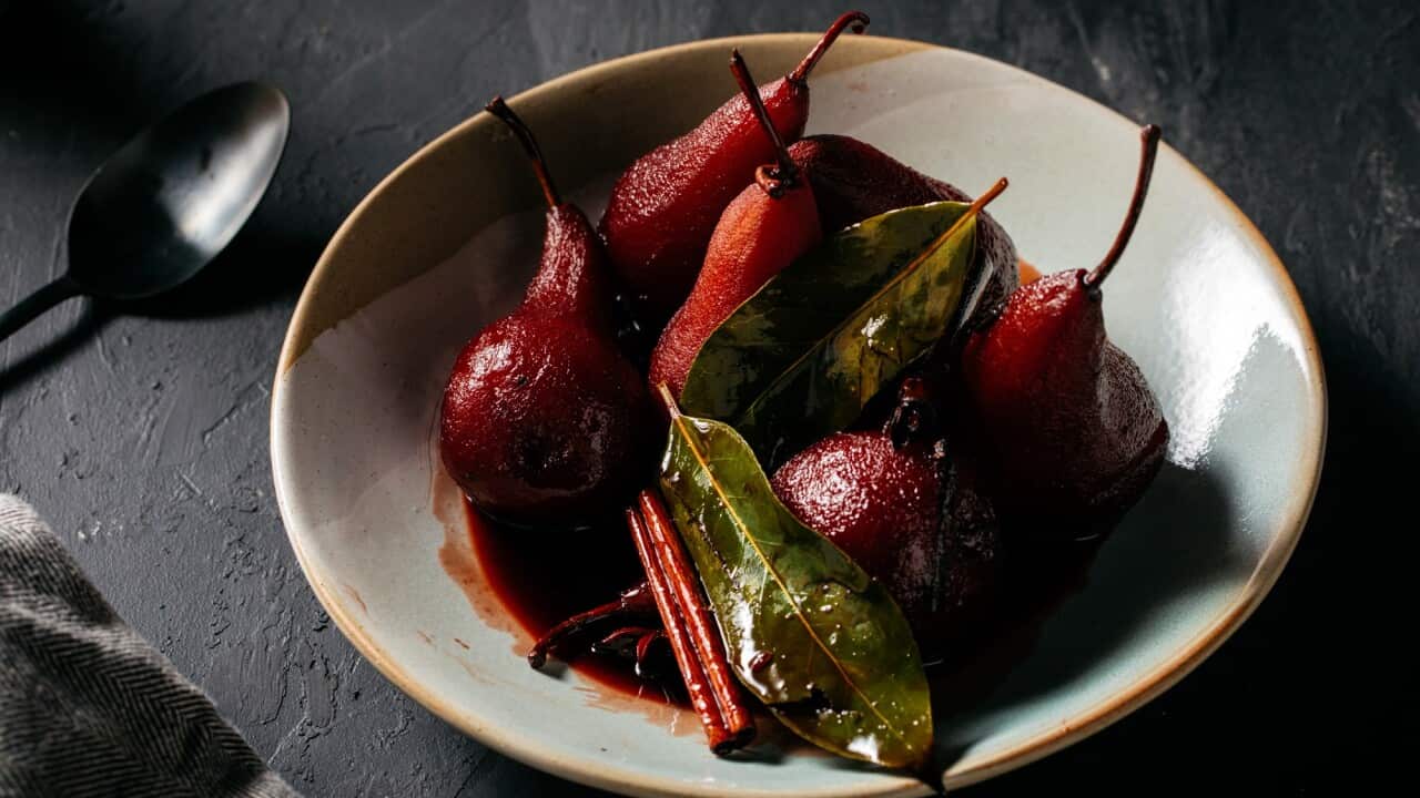 Poached pears in red wine