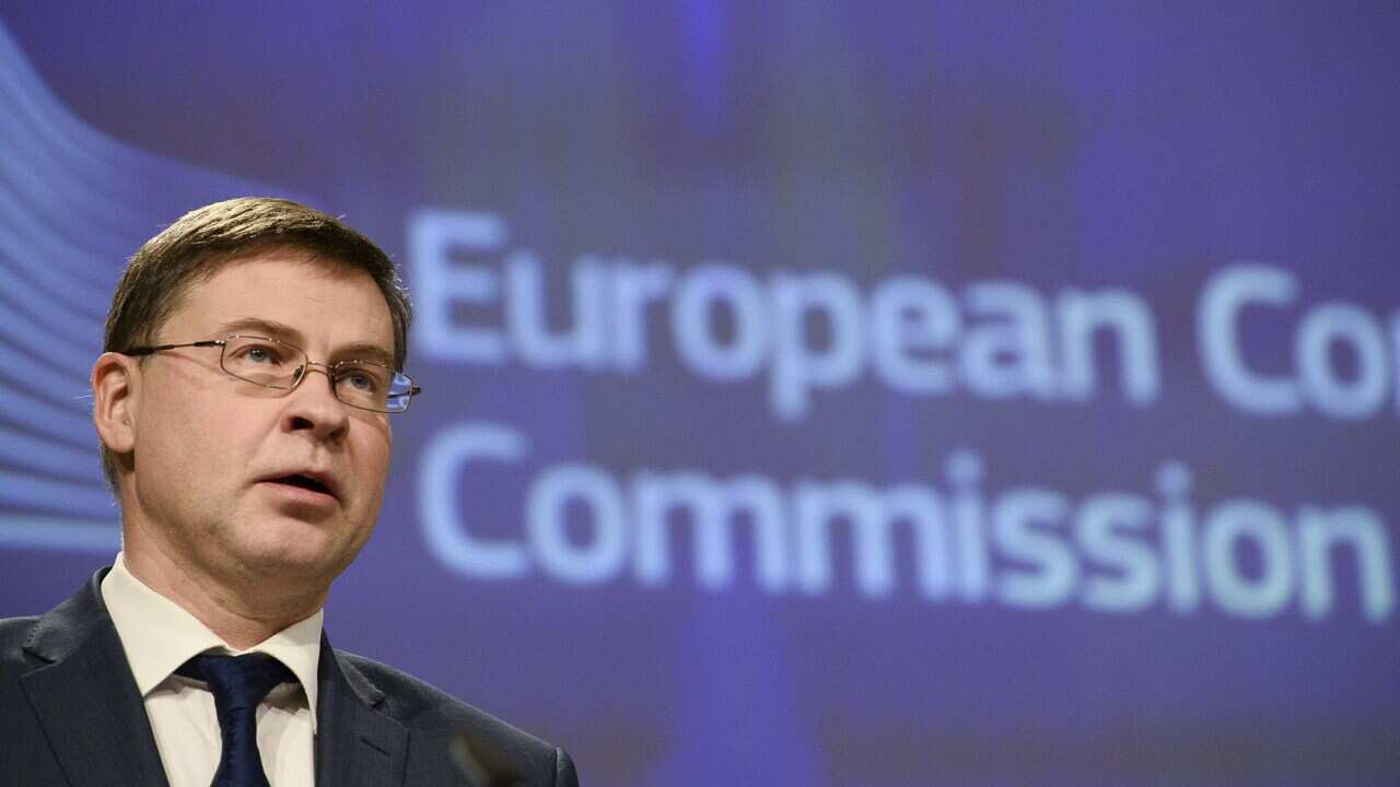 European Commissioner for An Economy that Works for the People Valdis Dombrovskis speaks during a joint online news conference with European Commissioner in charge of Health Stella Kyriakides at the EU headquarters in Brussels, Friday, Jan. 29, 2021. The
