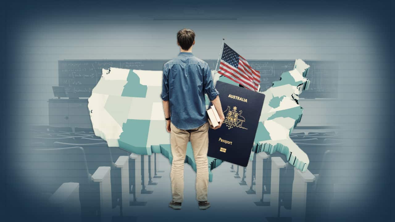 A composite image of a man standing in front of a map of America with an Australian passport and an American flag