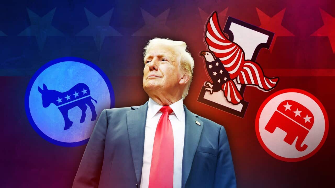 A composite image of Donald Trump with part of the US flag in the background, the donkey logo of the Democratic Party, the eagle logo of the Independence Party of New York, and the elephant logo of the Republican Party around him
