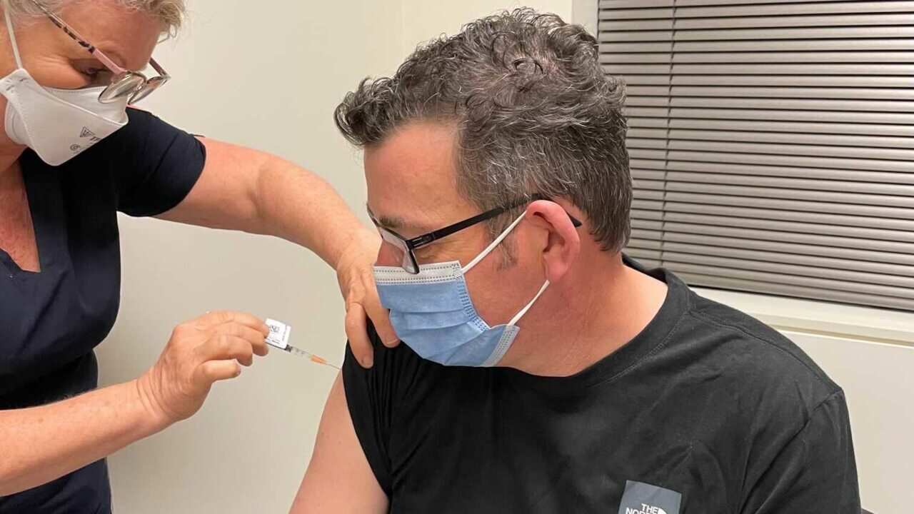 A supplied image shows Victorian Premier Daniel Andrews receiving the Pfizer COVID-19 vaccine on Wednesday at The Alfred hospital in Melbourne.