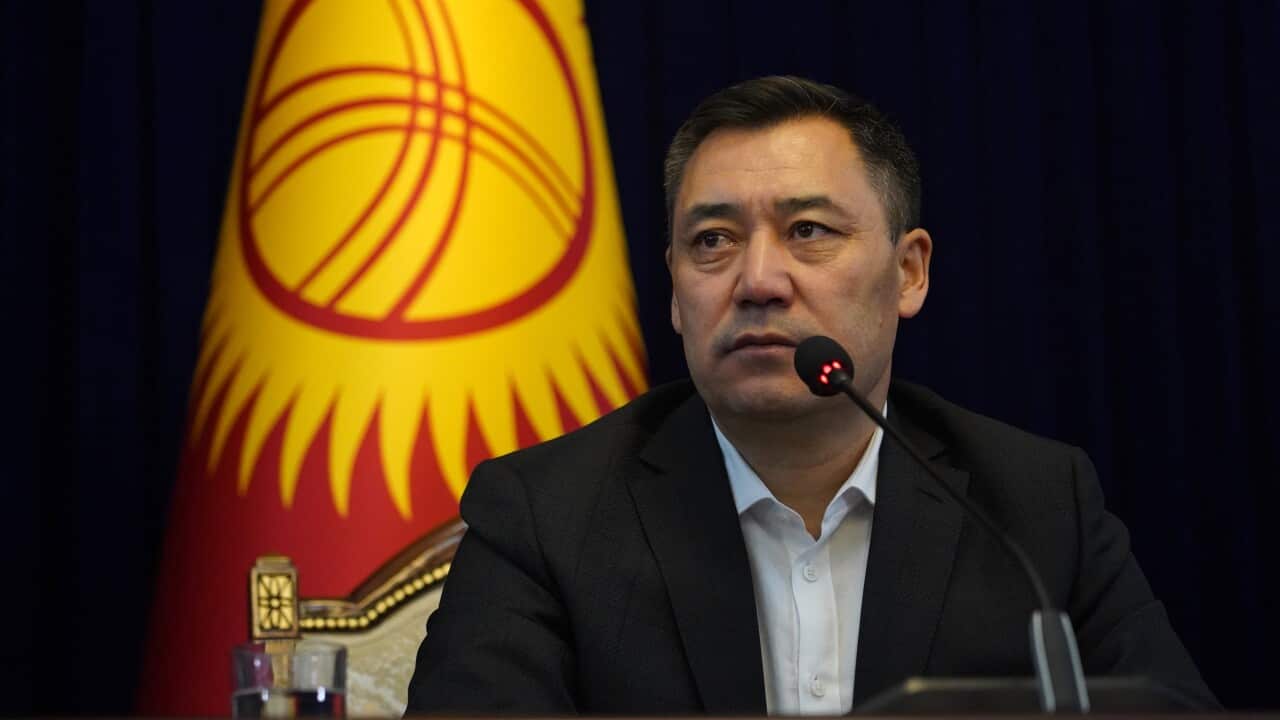 BISHKEK, KYRGYZSTAN - OCTOBER 10, 2020: Kyrgyzstan's new Prime Minister Sadyr Japarov during a meeting of the Supreme Council, Kyrgyzstan's unicameral parliament, at the Ala Archa State Residence. Abylai Saralayev/TASS/Sipa USA