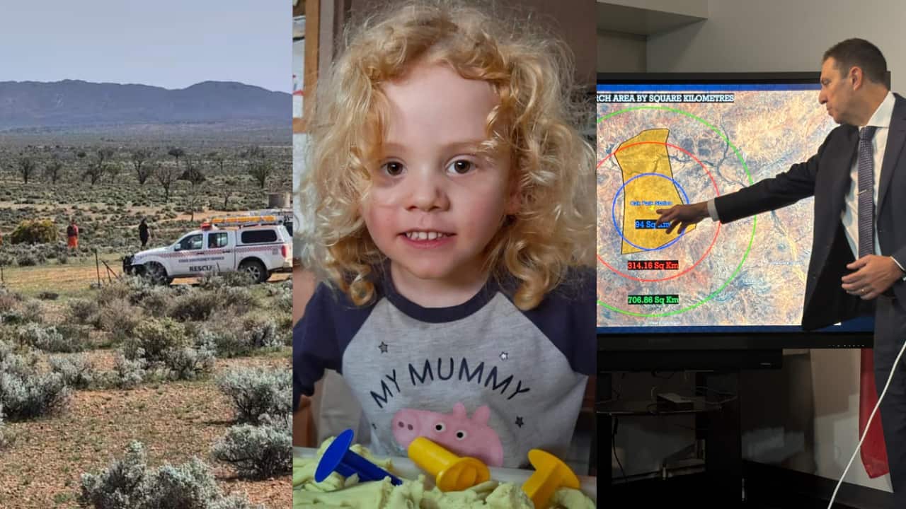 A composite image of SES volunteers searching in the outback, a four-year-old boy, and an investigator pointing at a map on a screen.
