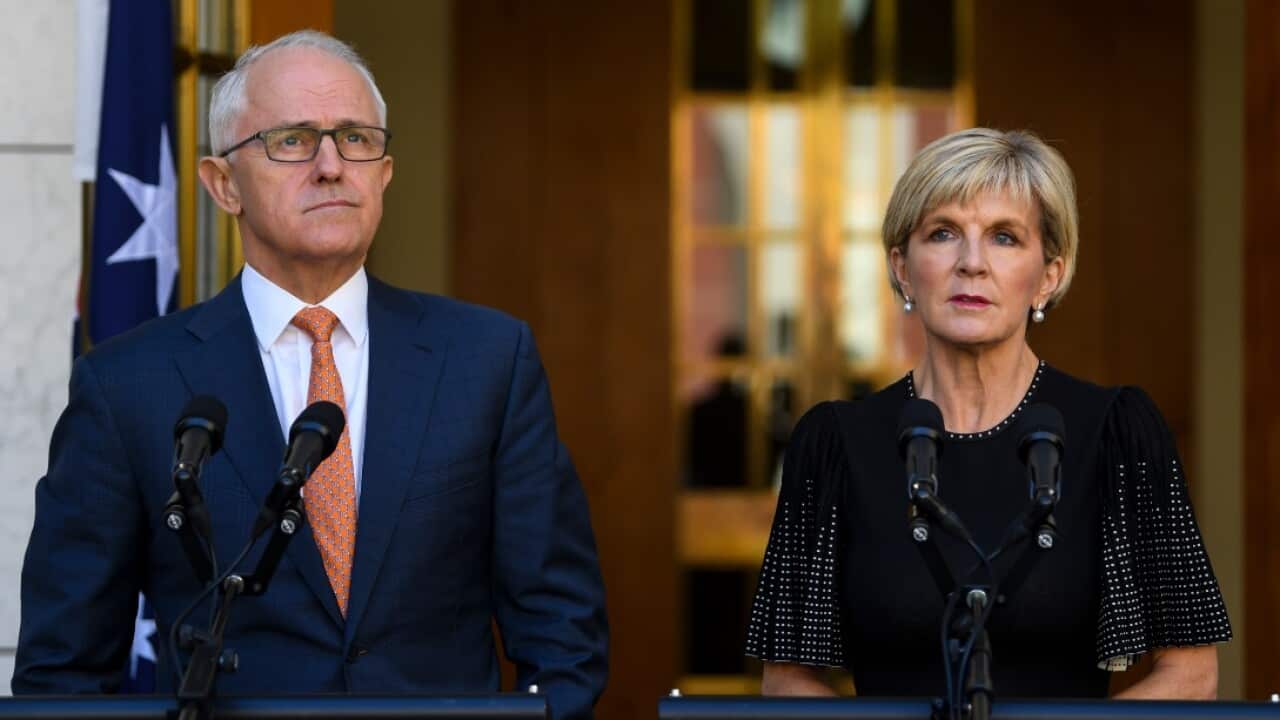 Australian Prime Minister Malcolm Turnbull (left) and Australian Foreign Minister Julie Bishop speak to the media during a press conference at Parliament House 