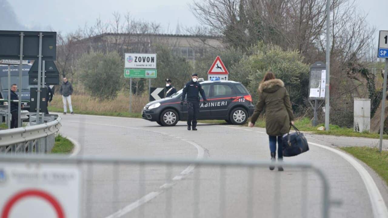 Carabinieri block the road in Zovon near Venice on February 24, 2020