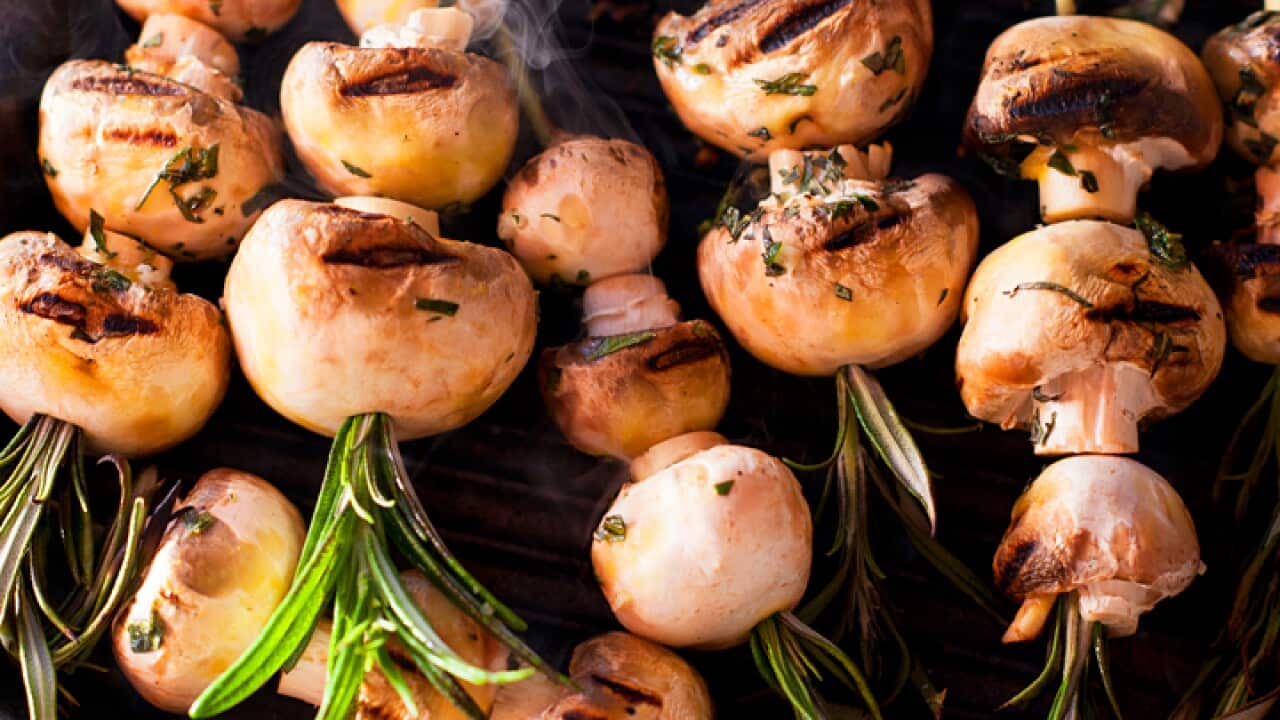 Rosemary skewers of chargrilled sherry-scented mushrooms
