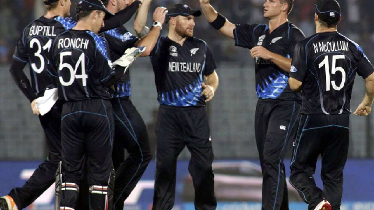 New Zealand's cricket team celebrate their win against England