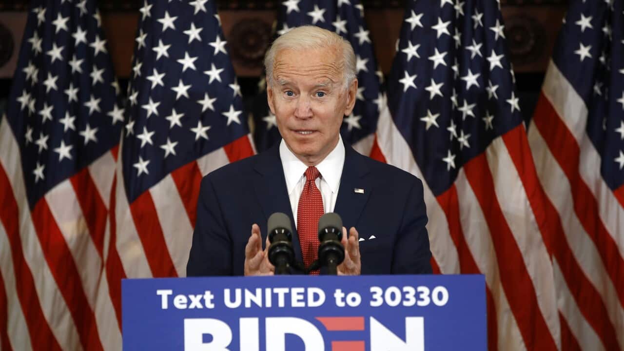 Democratic presidential candidate, former US Vice President Joe Biden speaks in Philadelphia.