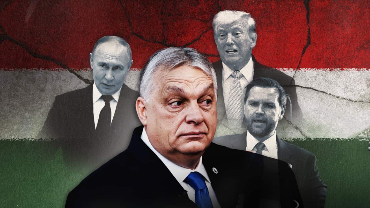 Graphic art of Victor Orban, Vladimir Putin, Donald Trump and JD Vance against a backdop of a red, white and green banded flag that is cracking