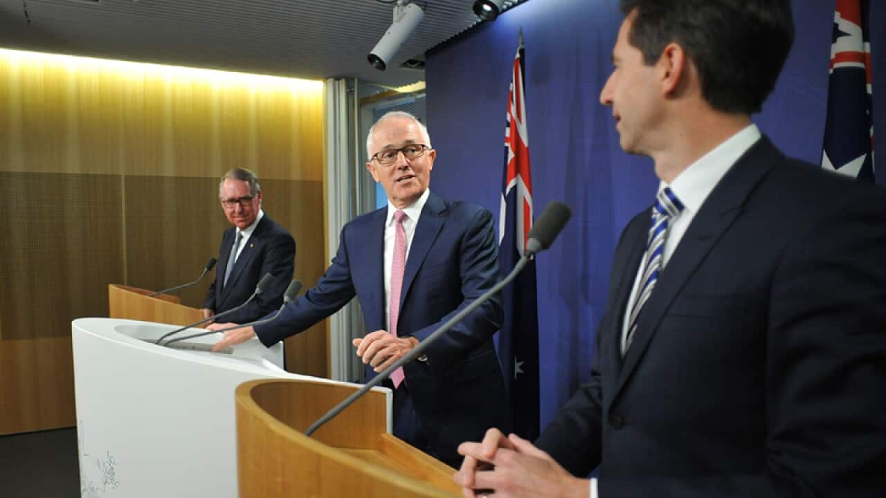 Malcolm Turnbull with David Gonski and Simon Birmingham