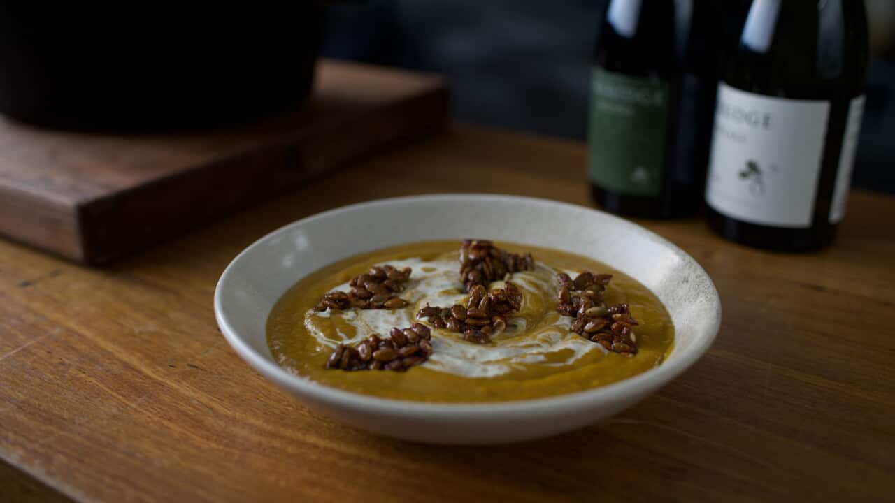 Roasted pumpkin soup with pepita crunch